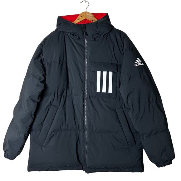 Adidas Mens Terrex Jacket Duck Down Size L Reversible 3 Stripe Black Red Puffer - Picture 1 of 7